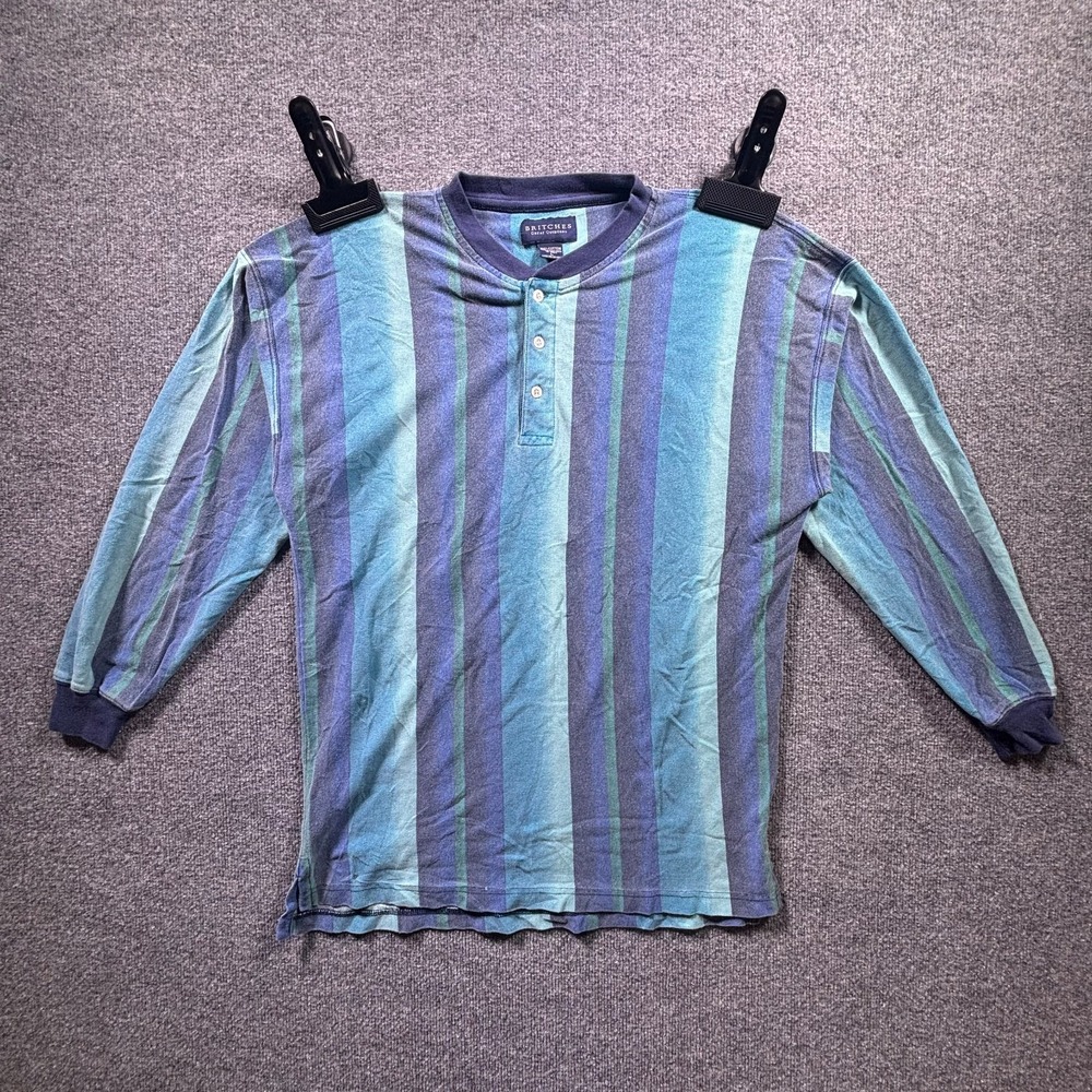Britches Great Outdoors Henley Shirt Men's Large Blue Striped Cotton Pullover